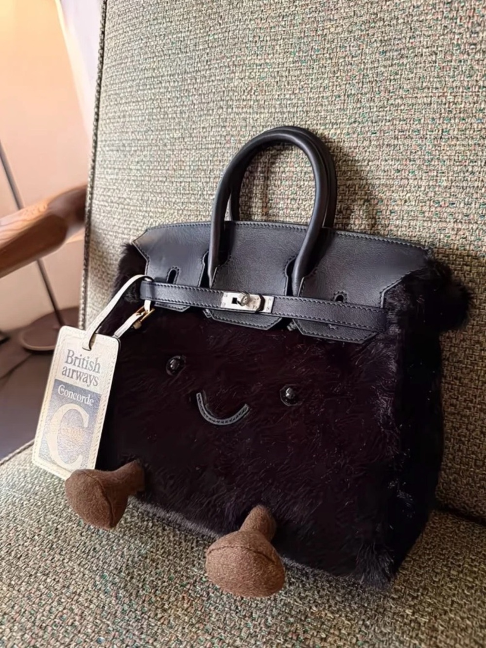 Jellycat inspired Black Faux Fur Top-Handle Bag with Playful Face Detail size M